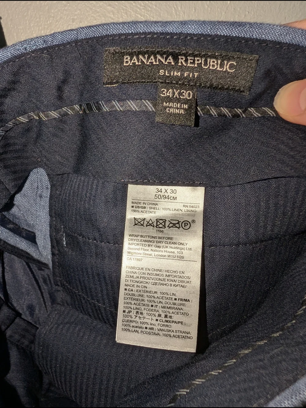 34 X 30 Banana Republic Linen Men's Blue Chinos - Slim Tailored Look